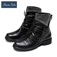 Christia Bella зимние классические для мужчин's пояса из натуральной кожи ботинки с загнутыми бортами мужчин круглый носок плиссированные молнии Soliders для верховой езд