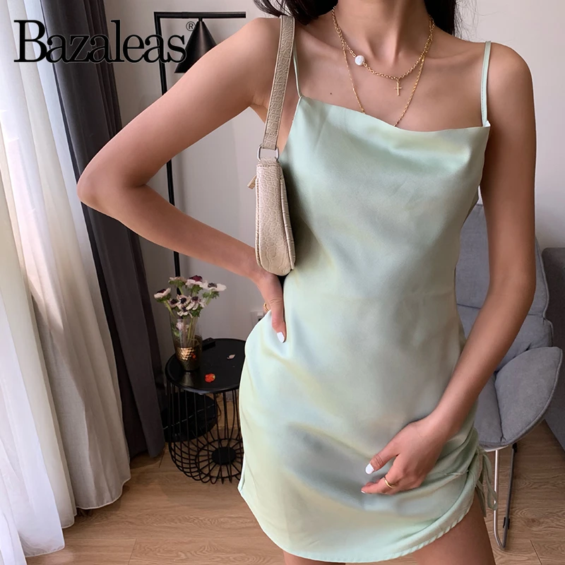 

Like Silk Spaghetti Strap Summer Dress Slim Vestidos Female Side Drawstring 2019 Satin Beach Dress