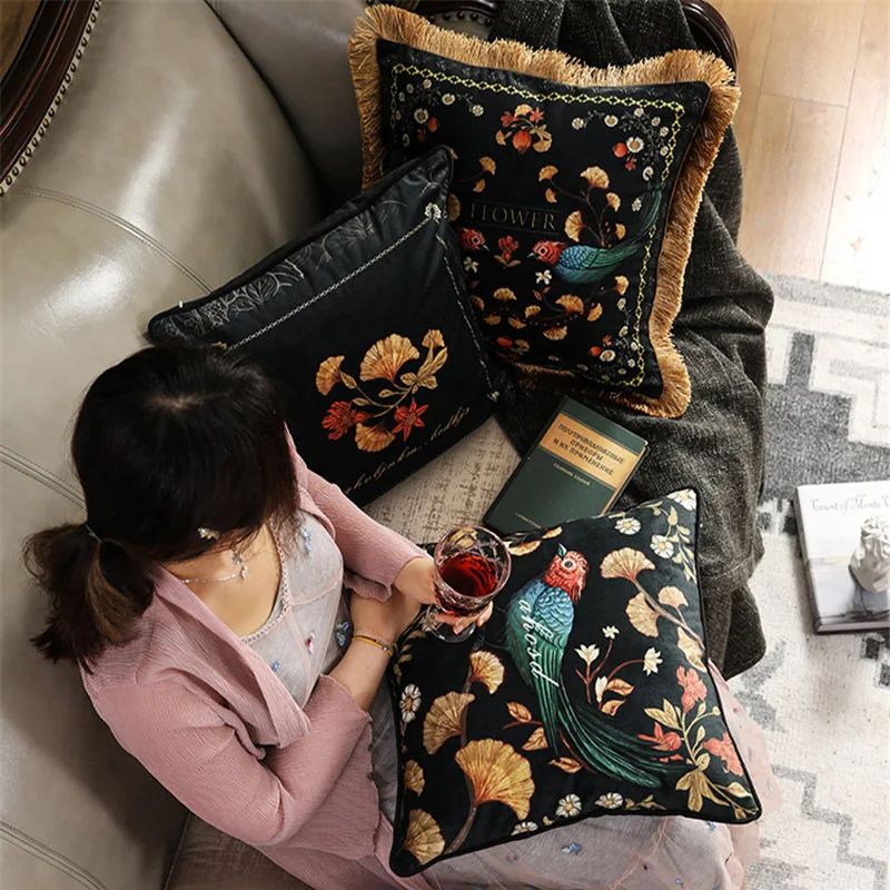 Elegant Retro Flowers Birds Pillow Cushion Cover Throw Decorative Pillows Tassel Cojines Decorativos Para Sofa Coussin Cushions