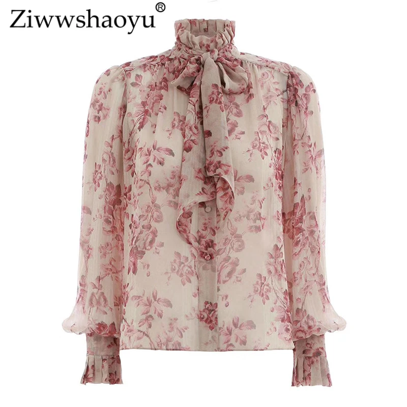 Ziwwshaoyu Chiffon red printed shirt women's blouse and shirt long sleeve women's spring and summer high collar bohemian beachs