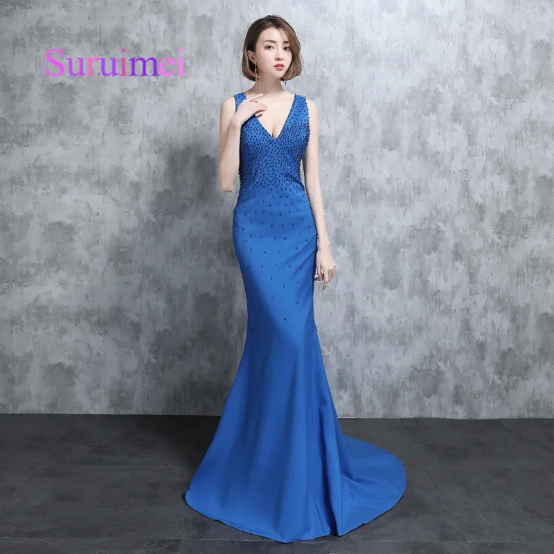 Горячая V шеи Длинные Русалка Вечерние Платья Vestidos de Noiva жемчуг Foraml вечернее платье для выпускного вечера