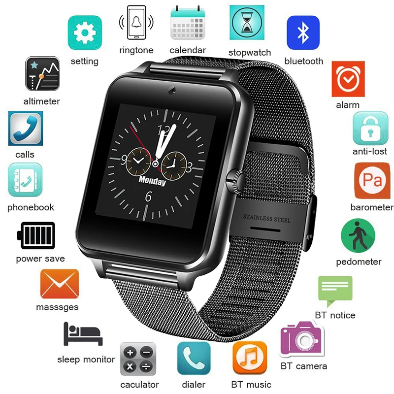 Beste Mannen Smart Horloge Bluetooth Sport Waterdicht Activiteit Tracker SmartWatch Ondersteuning SIM TF cassette camera voor Android smartphone + Box