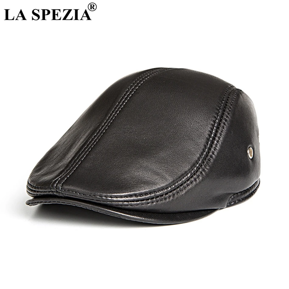 LA SPEZIA Leather Berets Men Black Casual Duckbill Ivy Cap Male Vintage
