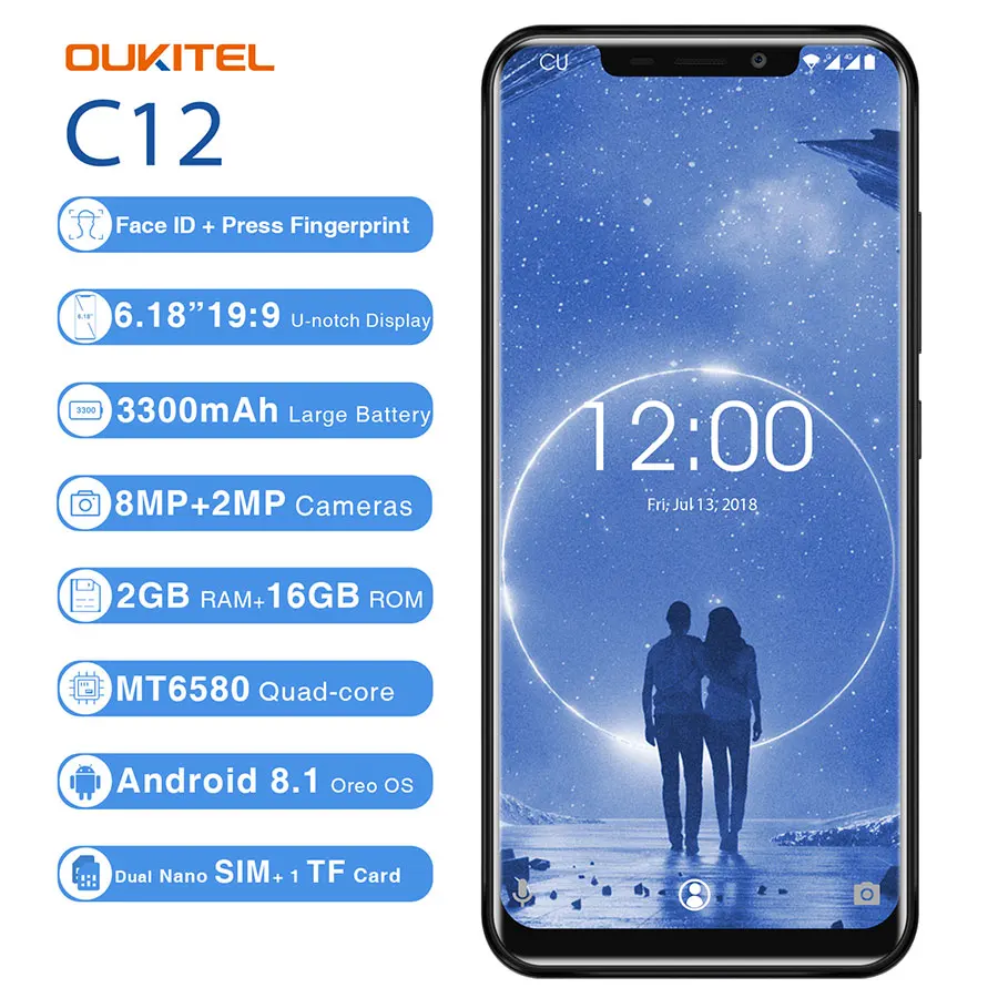 OUKITEL C12 Face ID 6,1" 19:9 Android 8,1 3300 мАч смартфон MTK6580 четырехъядерный 2 Гб ОЗУ 16 Гб ПЗУ отпечаток пальца Разблокировка мобильного телефона