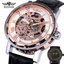 Gagnant Main-vent Mécanique Montre Unisexe Femmes de Montre Squelette Bracelet En Cuir Nombre Romain Affichage D’affaires Vogue + Boîte