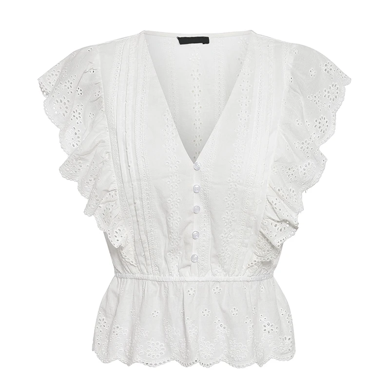 JaMerry Causal white embroidery lace hollow out blouse shirt women Ruffles woman blouse top Female elastic waist cotton tops