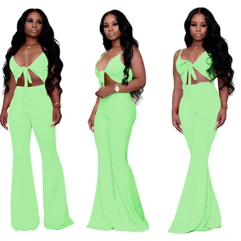 

Sexy Solid Hollow Out Spaghetti Strap Jumpsuits Sleeveless Women Deep V-Neck Bow Bandage Wide Leg Rompers Long Casual Overalls