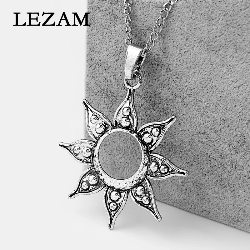 

1pcs Fashion Necklace Charms Open Flower Burning Sun Pendant Antique Silver Collar Long Metal Chain Necklace Jewelry Bijoux