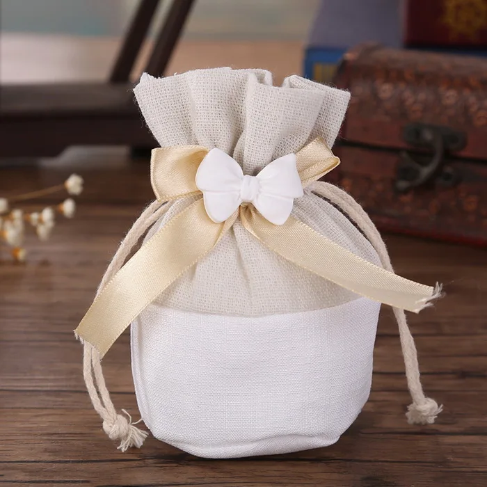 White Natural Linen Drawstring Wedding Gift Bags Jewelry Bag 24pcsin