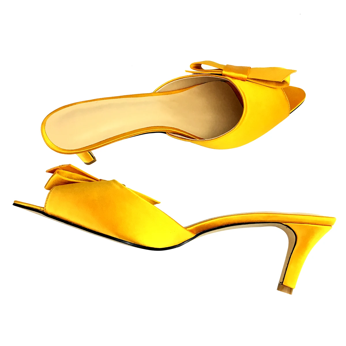 Aiyoway/босоножки без задника на среднем каблуке с бантом; босоножки; цвет золотой, атласный; женская обувь с острым носком; повседневная обувь для отдыха; слипоны