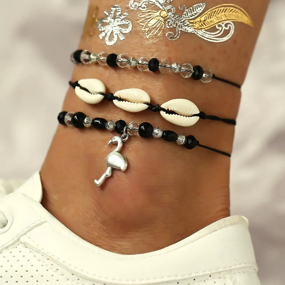 

Modyle Fashion Black Beads Anklets Bracelet For Ankle Vintage Rope Chain Flamingo Shell Anklet For Woman Bohemian Jewelry
