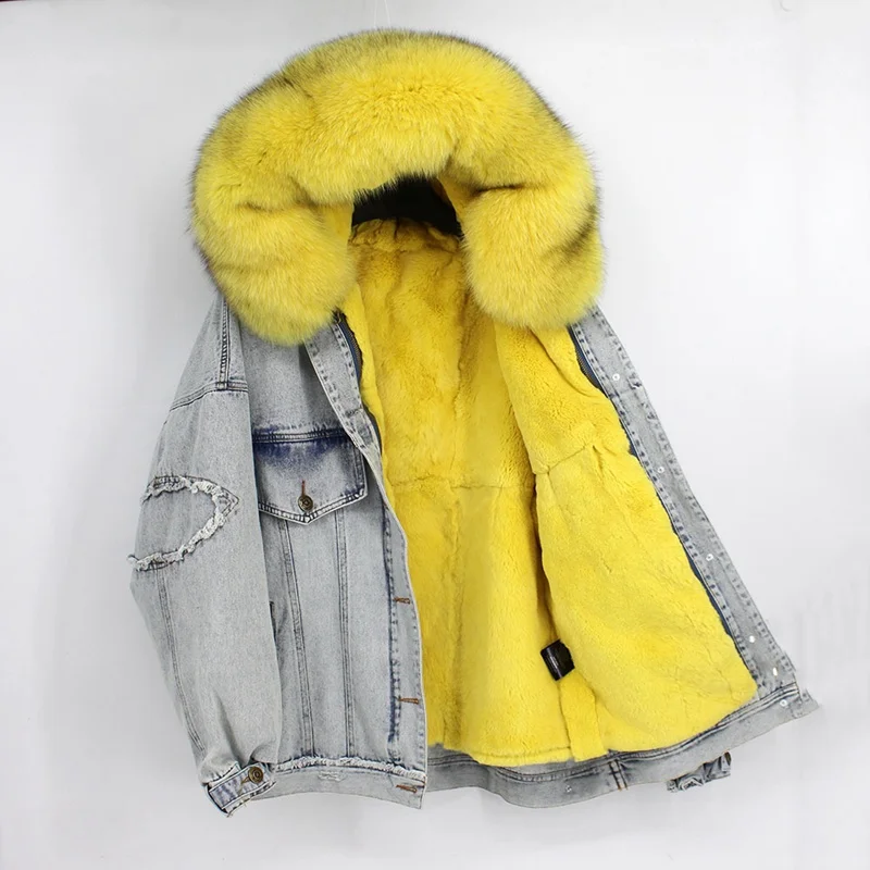 

2018 women winter denim jacket with real fur big fox fur collar genuine rex rabbit fur thick lining bomber jacket warm thick fur