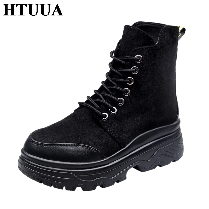 

HTUUA Casual Lace-Up Motorcycle Martin Boots Women Platform Sneakers Autumn Winter Short Ankle Boots Black Flat Shoes SX1773