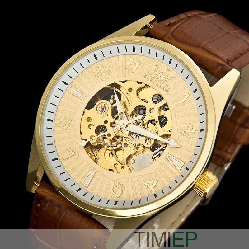 SEWOR золото для мужчин s повседневное аналоговые пары часы мода коричневый кожаный Скелет механические для любителей наручных часов (для