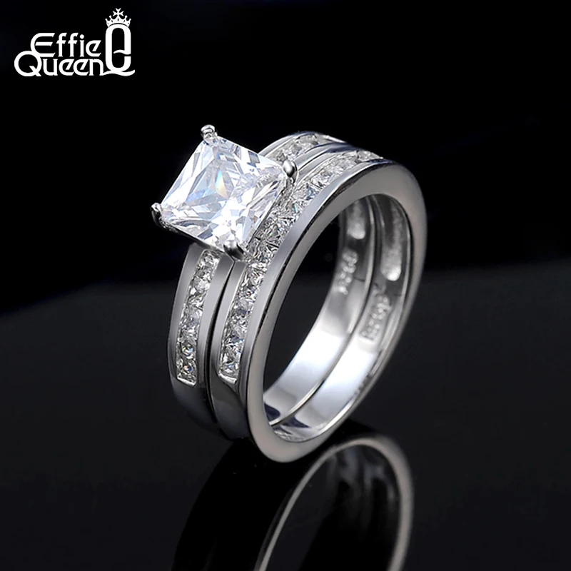 Effie Queen 2 Piece/Set Wedding Bands Finger Ring 0.8 ct Princess Cut Cubic Zircon Women Ring Set 3 Wearing Design Fashion DR28