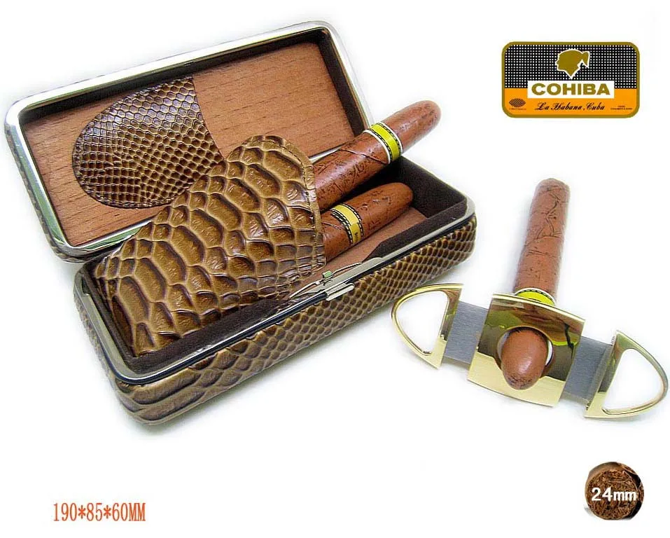 (3 cigars) Portable COHIBA crocodile leather cigar humidor with cutter
