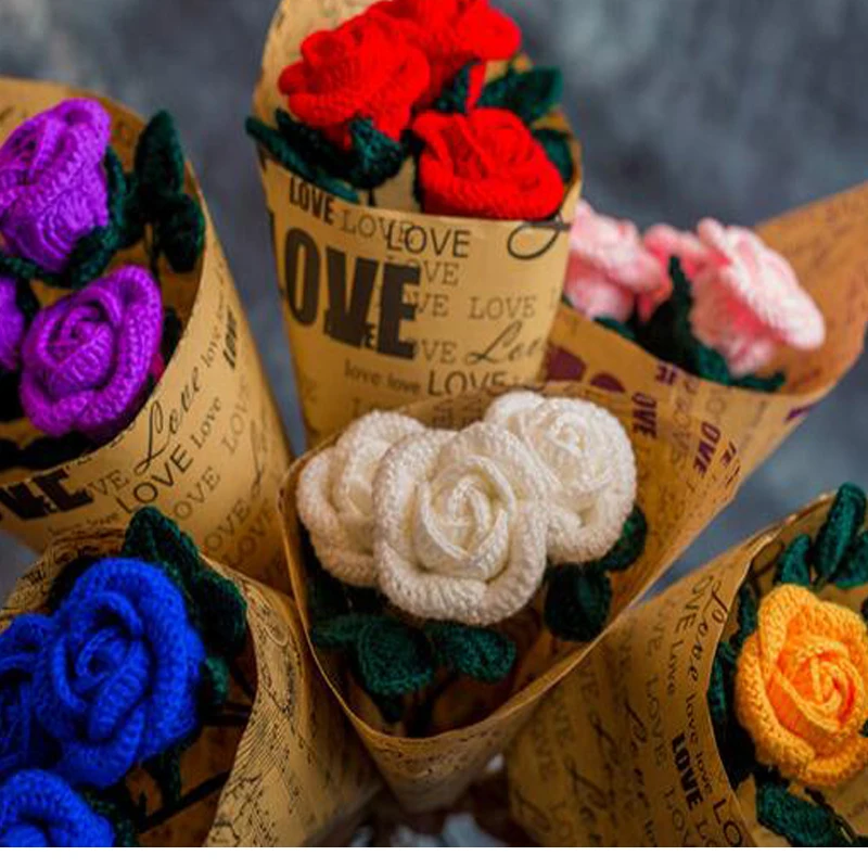 

3 pieces+wrapping paper Artificial flower Decoration finished yarn manual diy crochet thread knit valentine girlfriends gift zl4