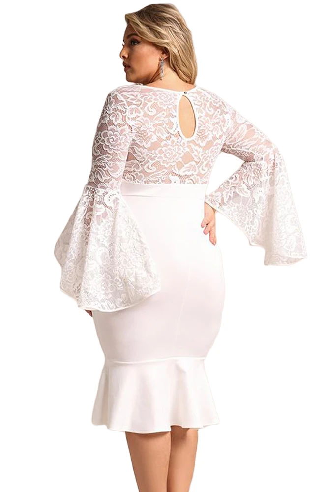 White-Plus-Size-Lace-Bell-Sleeve-Mermaid-Bodycon-Dress-LC61875-1-2