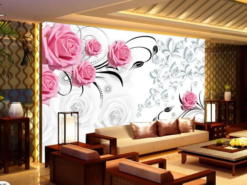 Розовые розы 3d обои цветок для гостиной современные фрески|wallpapers for living room|3d