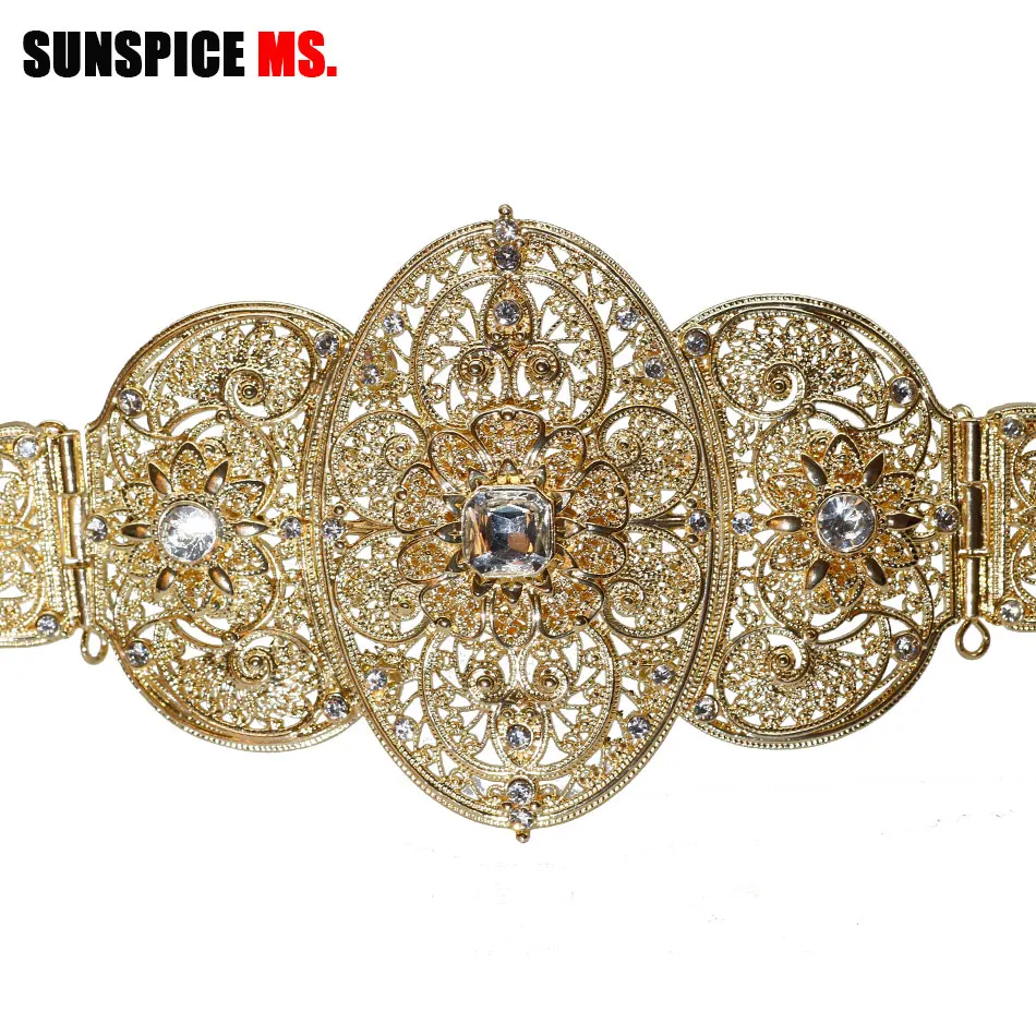 

SUNSPICE-MS Moroccan Caftan Gold Metal Waist Belt Caucasus Women Silver Rhinestone Wedding Jewelry Belly Chains Movable Buckle