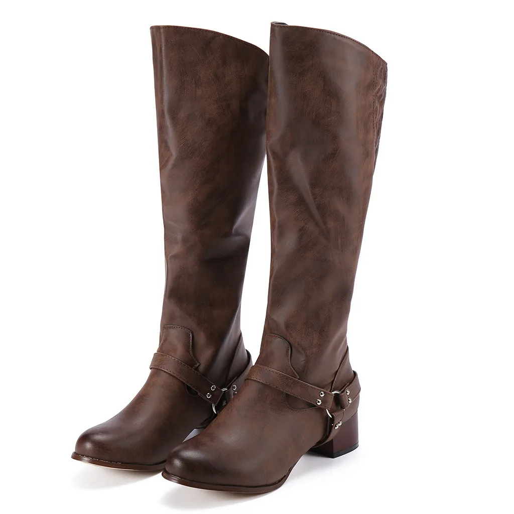 SAGACE/женские ботинки; модная женская обувь на низком каблуке в стиле ретро; высокие сапоги на молнии с пряжкой и заклепками; Новинка года - Цвет: Brown