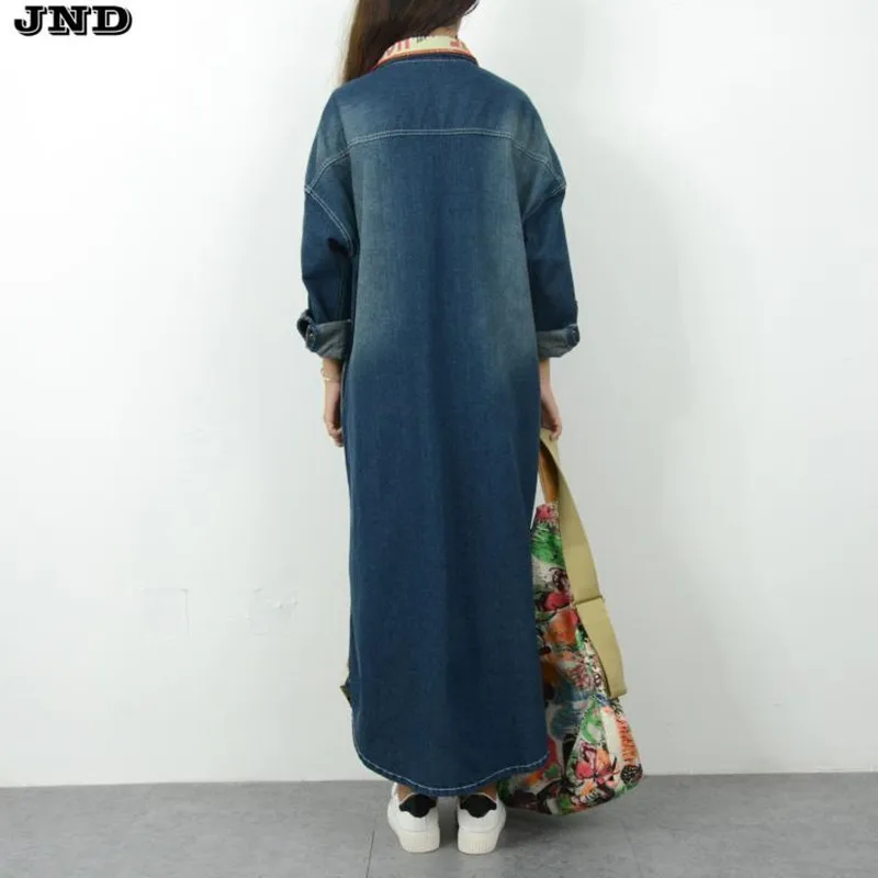 Free Shipping 2016 New Fashion Denim Long Coat For Women Plus Size Loose Jeans Outerwear Long Sleeve Dresses Single-breasted