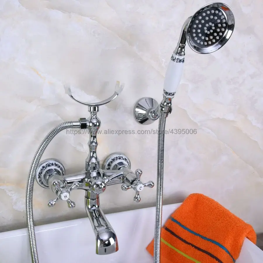 

Polished Chrome Dual Handles Bathtub Faucet Wall Mounted Swive Spout with Handshower Tub Mixer Tap Bna224