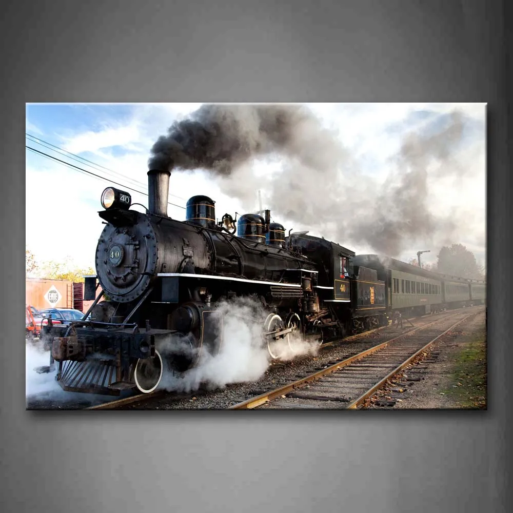 

1 Pic Framed Wall Art Pictures Car Train Smoke Steam Trains Canvas Print Car Modern Posters With Wooden Frames For Decor
