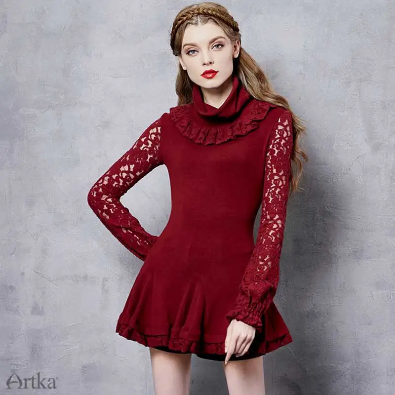 CLEARANCE ARTKA 2018 Winter Women New Style Brushed Knit Lace Stitching High Collar Ruffled Hem Shirt ZA10953Q |