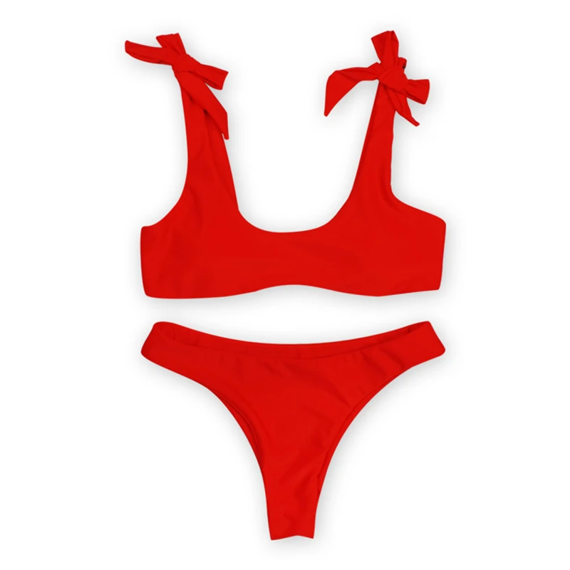 

Women Strapless Sexy Swimwear Solid Bikini Two Piece Bathing Suits 2019 New U Neck Bowknot Red Yellow Color Swimsuit S-XL