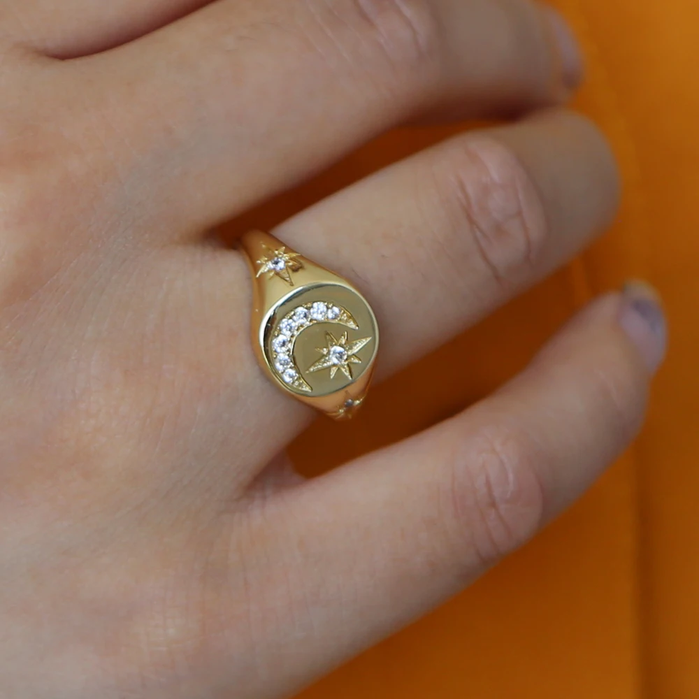 Новая мода нежный золотистый цвет круглая луна и звезда AAA+ CZ кольца на палец для милых девушек женщин Элегантные Свадебные Ювелирные изделия Подарки