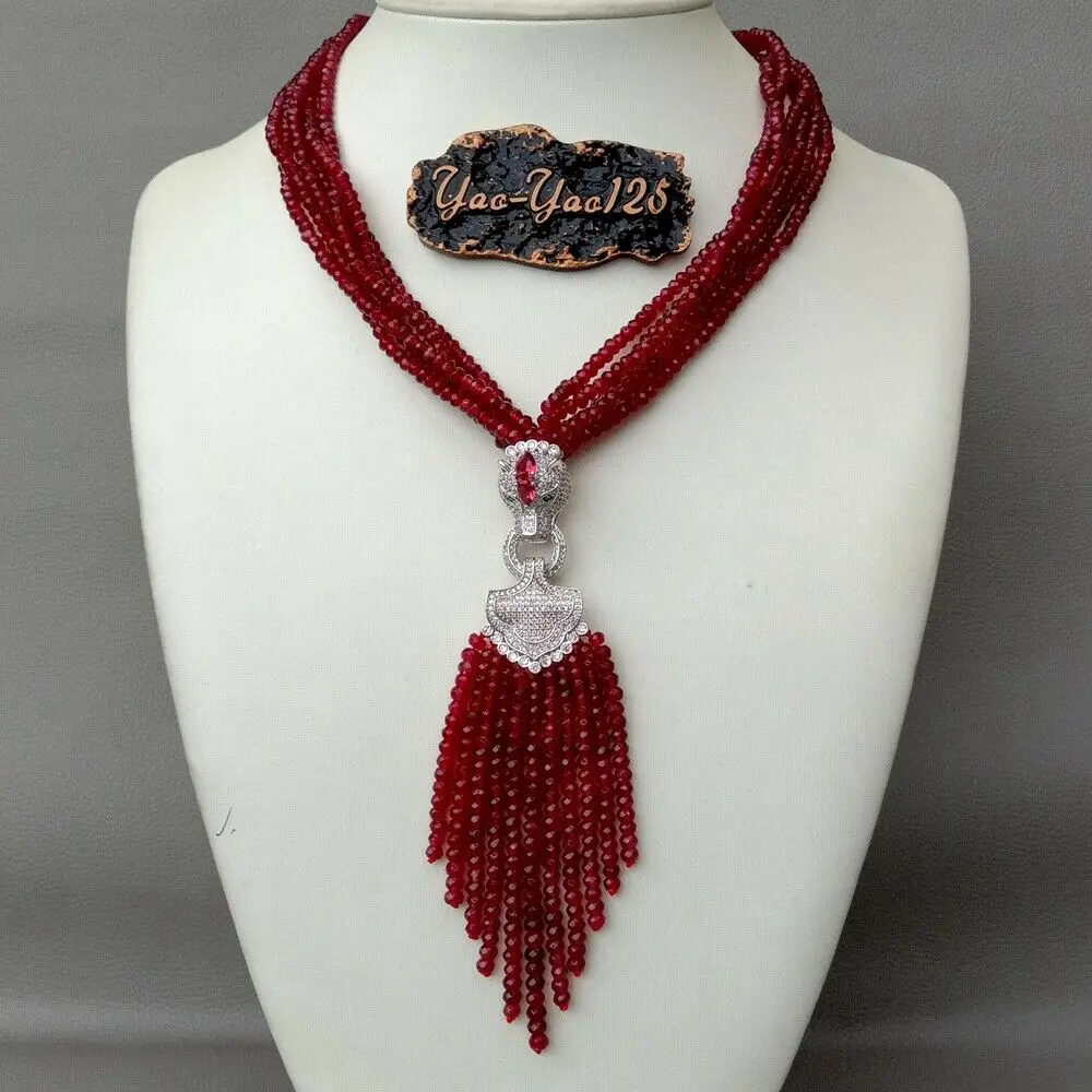 

18.5'' 6 Strands Faceted Red Rondelle Stone Necklace Cz Pave Pendant