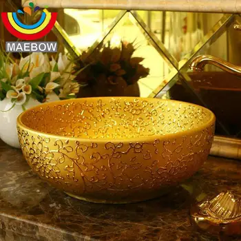 

Golden Porcelain Handpainted Round Wash Basin Coutertop Bathroom Sink