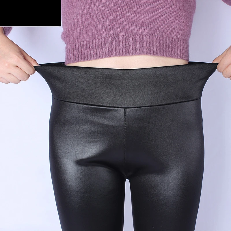 

[Aiweier] 2018 Spring Autumn Women Trousers Black Matte High Waist Loose Imitate Leather Pants Over Size 5XL Pencil Pants AD3001