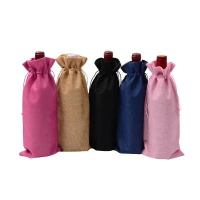 

Rustic Jute Burlap Bottle Bags Drawstring Wine Bottle Covers Wedding Party Champagne Linen Package Gift Bags 15*35cm