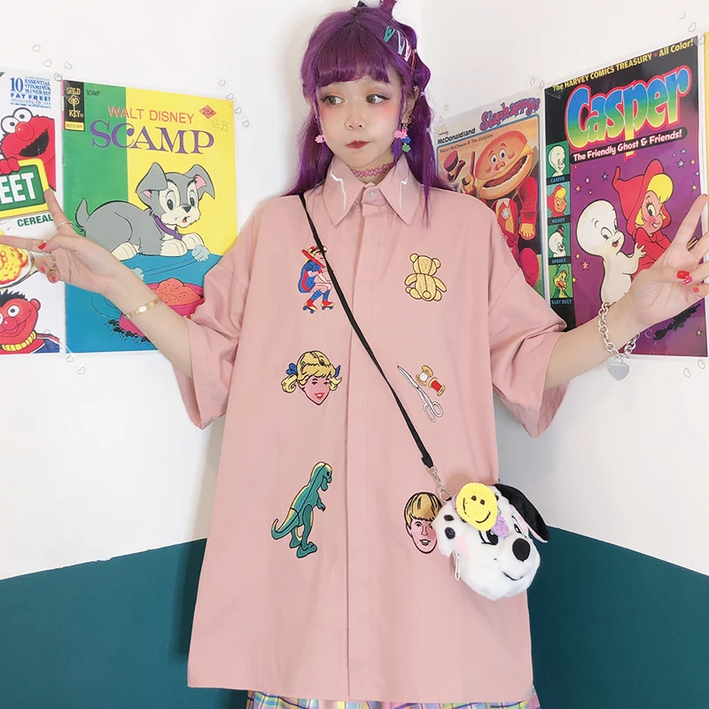

2019 New Summer Shirts Women Harajuku Cute Cartoon Embroidered Shirts Loose Long Retro Letter Pink Short Sleeve Shirts Female