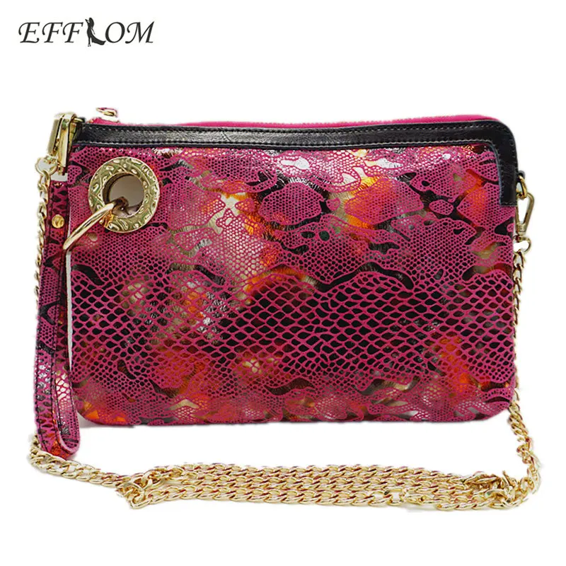 Efflom Brand Women Clutch Bags 2017 Designer Evening Bags Snakeskin Genuine Leather Clutches Women Wedding Chain Crossbody Bag