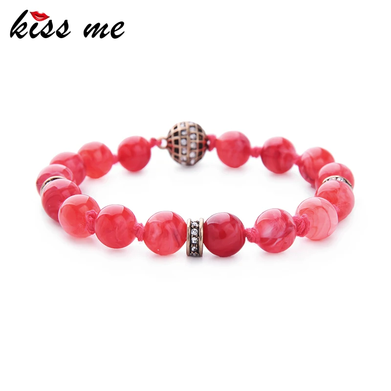 

KISS ME Brand Red Acrylic Beads Magnet Strand Bracelet Women Rhinestone Ball Cuff Bracelets & Bangles Fashion Jewelry