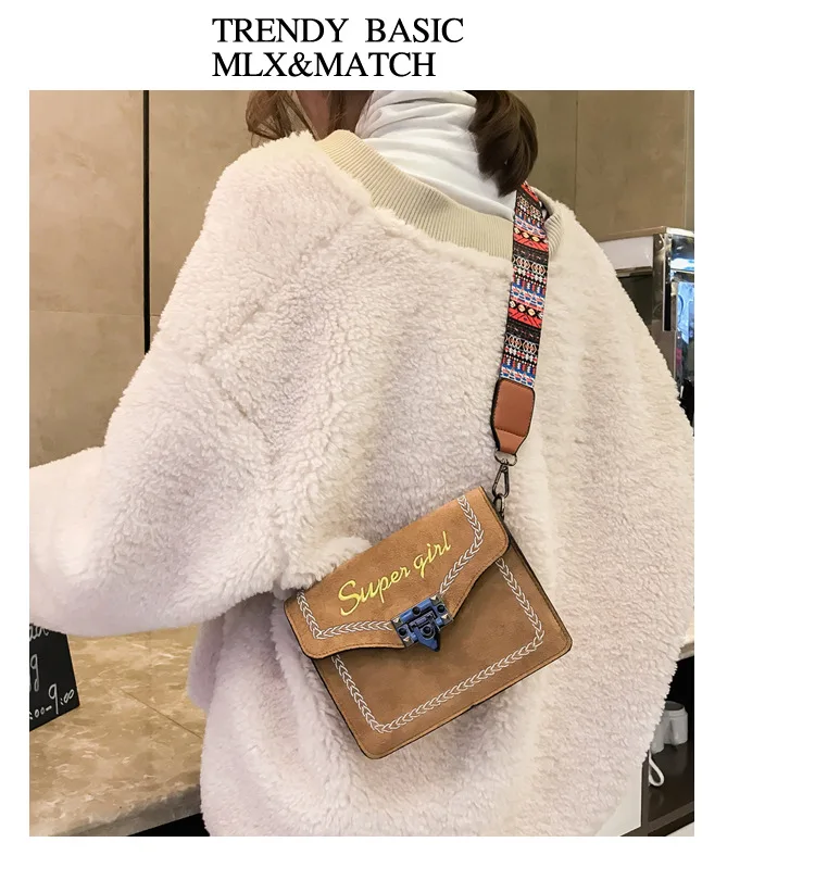 Women's Suede Leather Vintage Handbag Metal Lock Crossbody Bag with Colorful Strap Stylish Girl Red Black Brown Cross Body Purse (6)