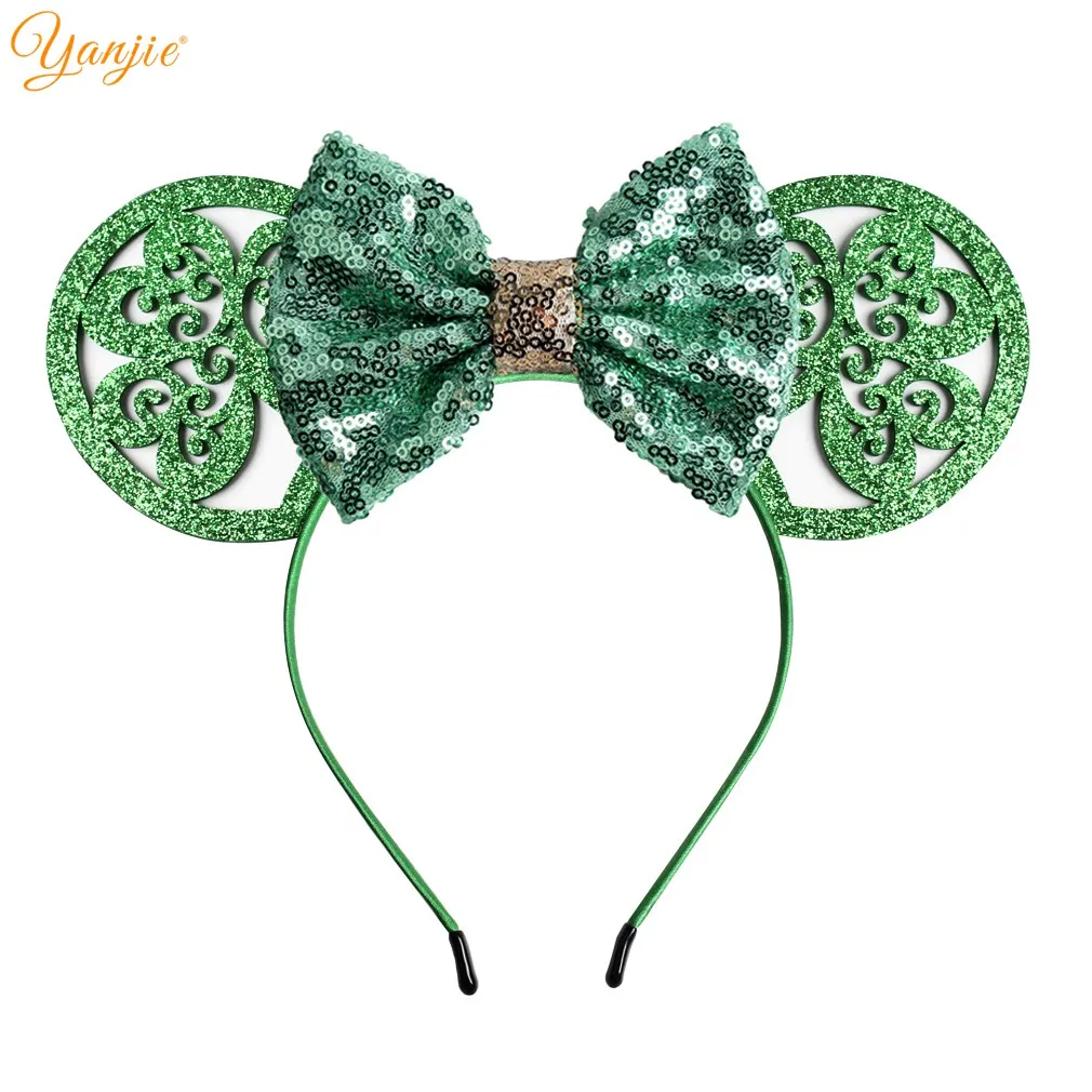 

2019 St Patrick's Day 5'' Glitter Sequin Bows Hairband Minnie Mouse Ears Hair Band For Girls Gift DIY Hair Accessories Headwear