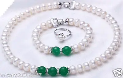 

Free Shipping >> New! Charming 9-10mm White pearl green jade necklace bracelet ring Sets