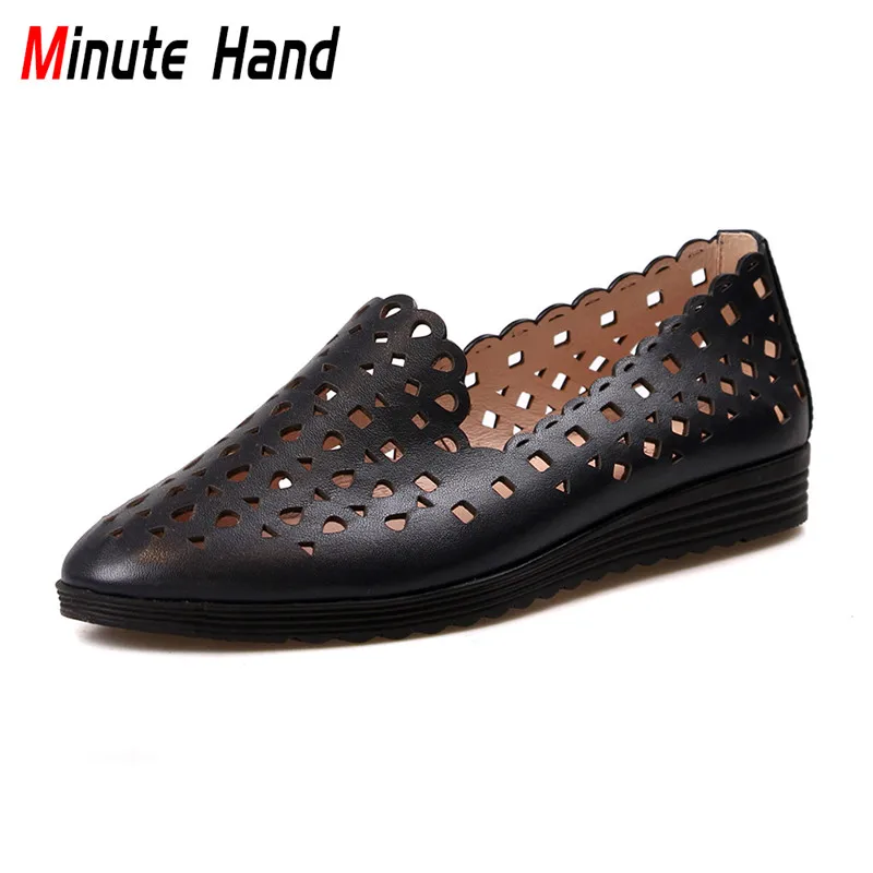 

Minute Hand Summer New Fashion Genuine Leather Loafers Women Hollow Out Breathable Flats Slip On High Quality Women Casual Shoes
