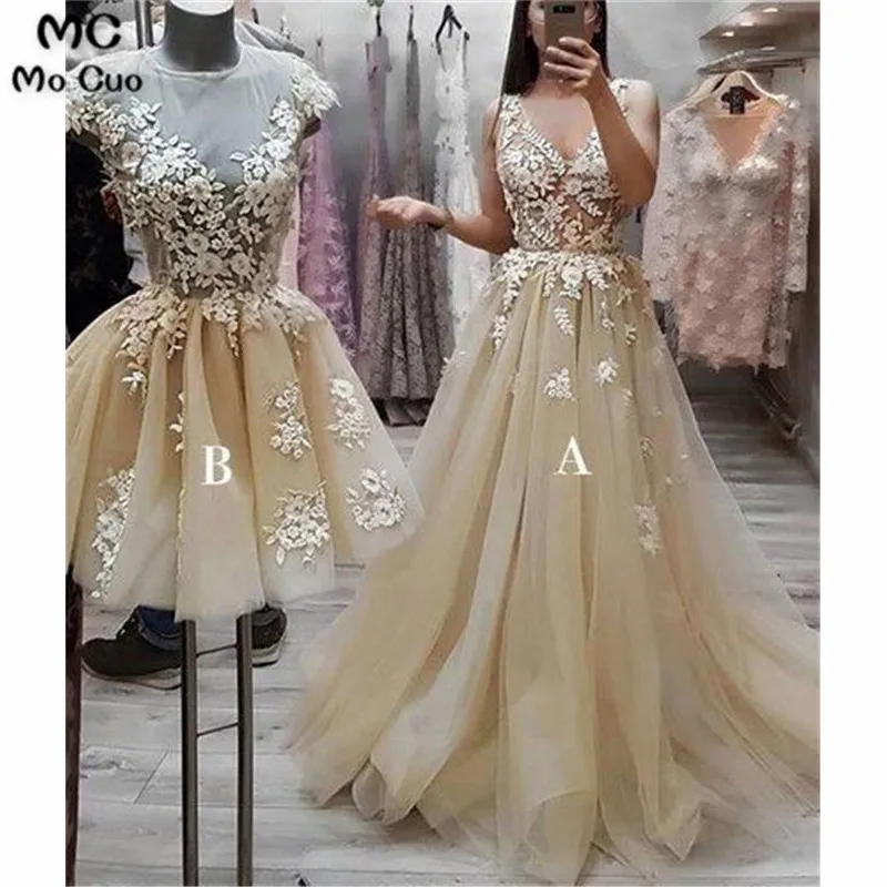 

2019 Sheer Neck Prom dresses Long with AB Lace Tulle Women's dress for graduation Puffy Evening Party Prom Gowns