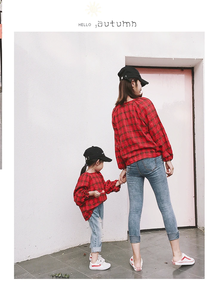 Мама и я, Красная Вязаная футболка в клетку с длинными рукавами и круглым вырезом, одинаковые комплекты для семьи, модная футболка для мамы и дочки, одежда