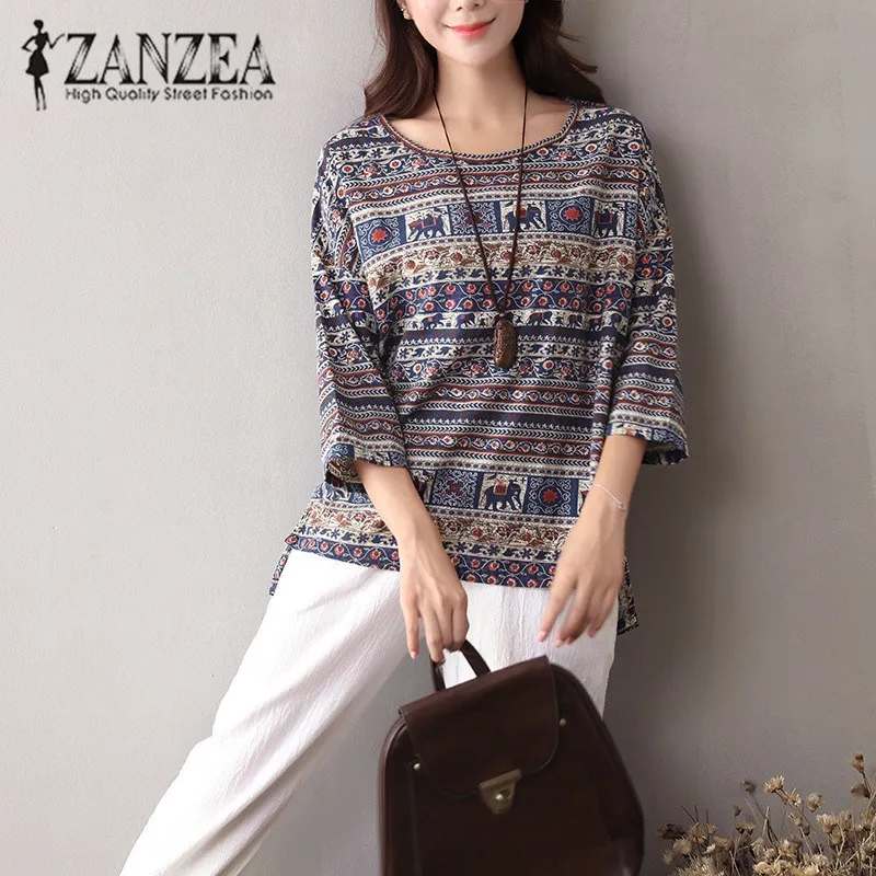 

ZANZEA 2019 Women Autumn Floral O Neck 3/4 Sleeve Blouse Casual Vintage Shirt Cotton Linen Baggy Top Blusas Tunic Plus Size