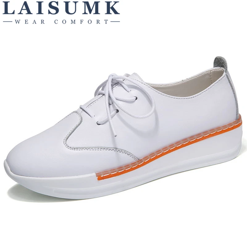 

LAISUMK 2019 Genuine Leather Autumn Women Flats Platform Shoes Pointed Toe White Shoes Thick Heel Sole Platform creepers