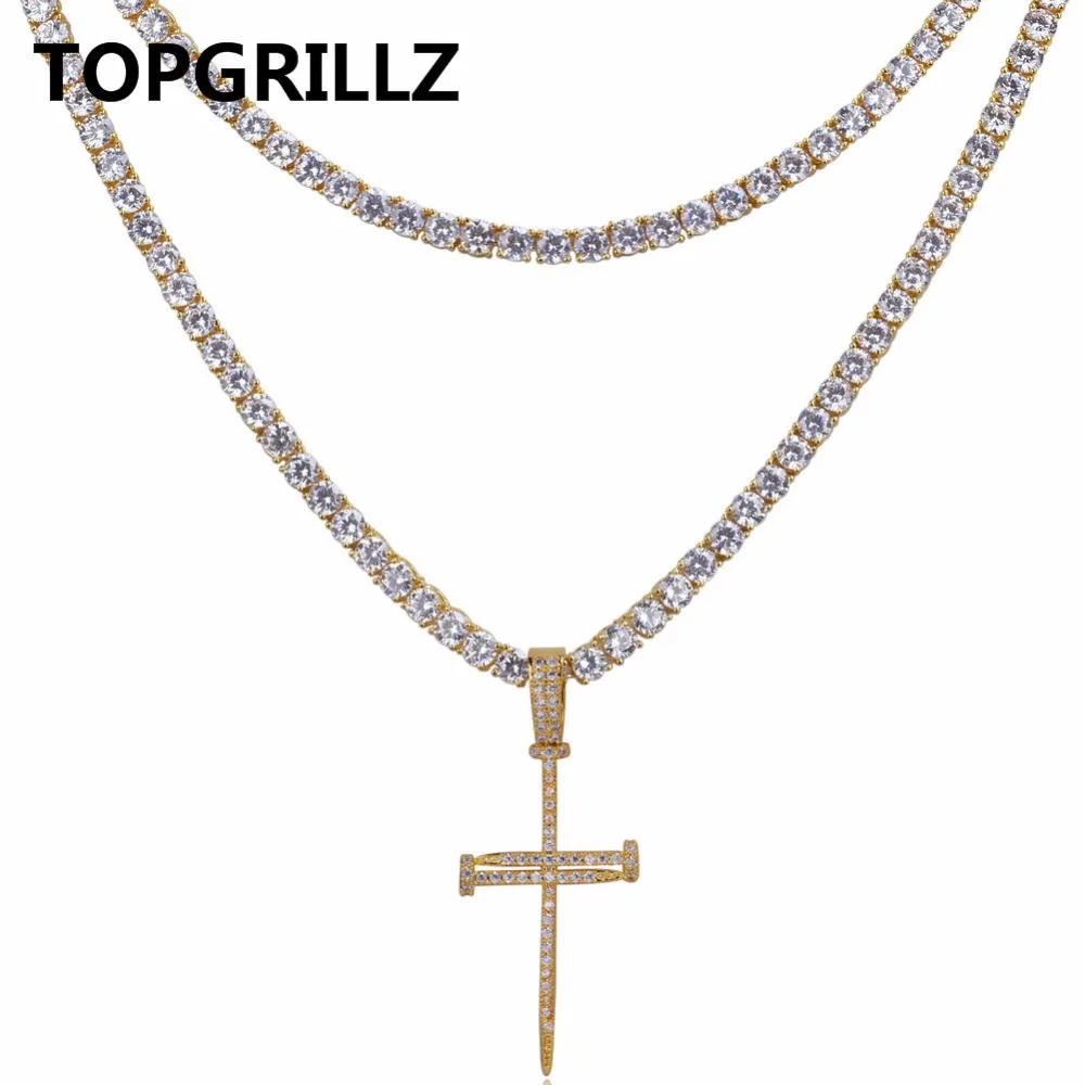 

TOPGRILLZ Nail Cross Pendant Necklace All Iced Out Two Tennis Chains Micro Pave AAAA+ CZ Stones Hip Hop Necklace for Men
