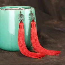 Двойные китайские Винтажные серьги HAPPYNESS длинные с бахромой красного цвета