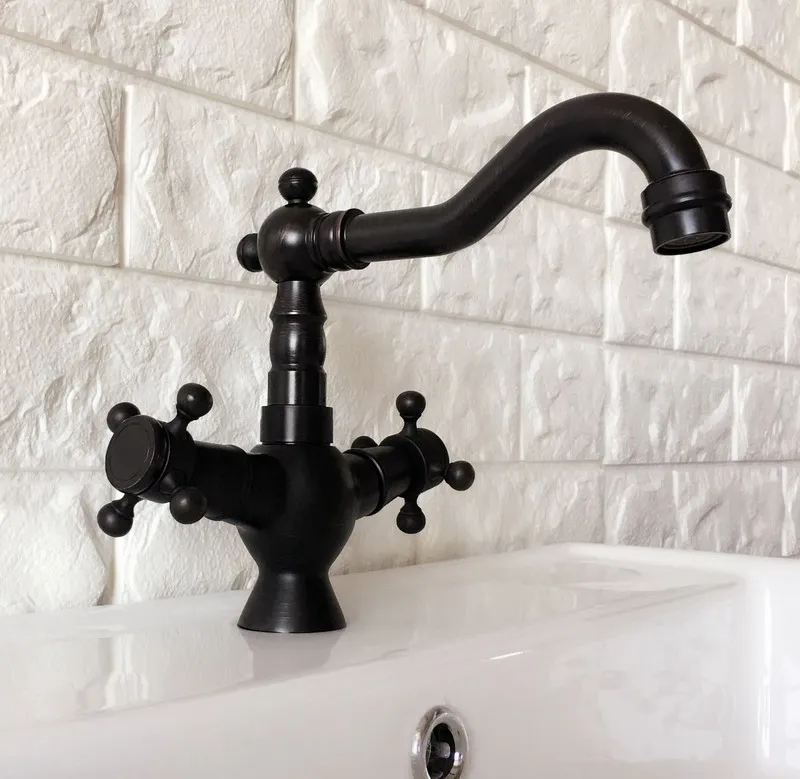 Black Oil Rubbed Brass Dual Cross Handles One Hole Bathroom Kitchen Basin Sink Faucet Mixer Tap Swivel Spout Deck Mounted mnf360