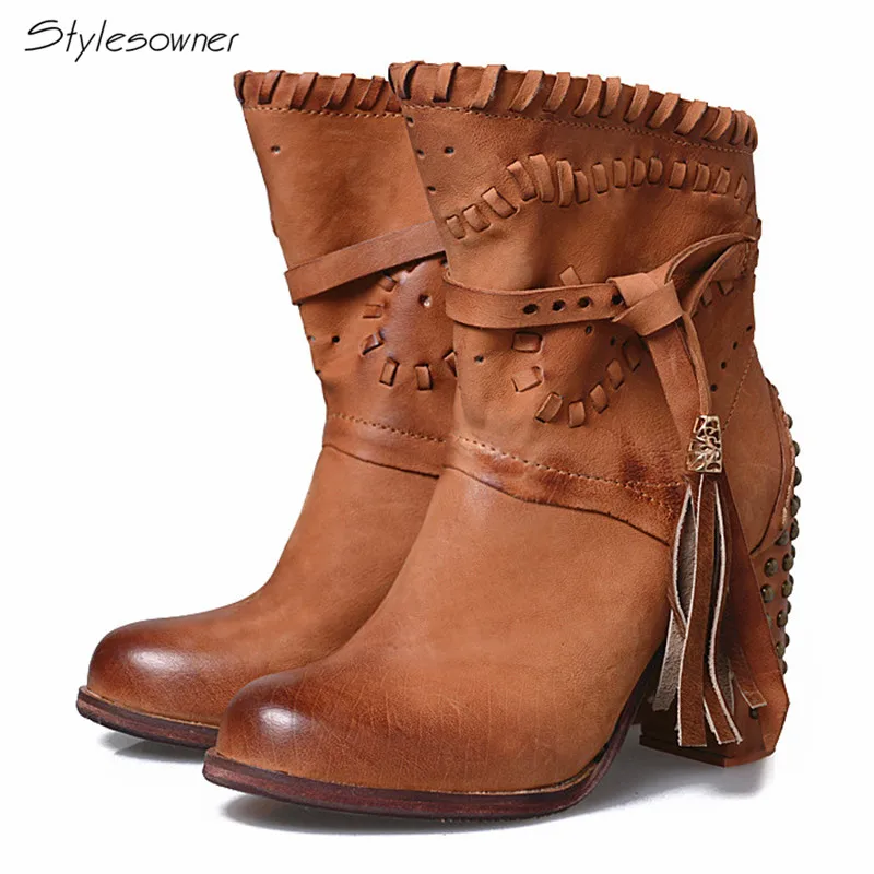 

Stylesowner England Style Retro Buckle Patchwork Real Leather Shoes Rivets Heels Round Toe High Heel Ankle Boots For Women